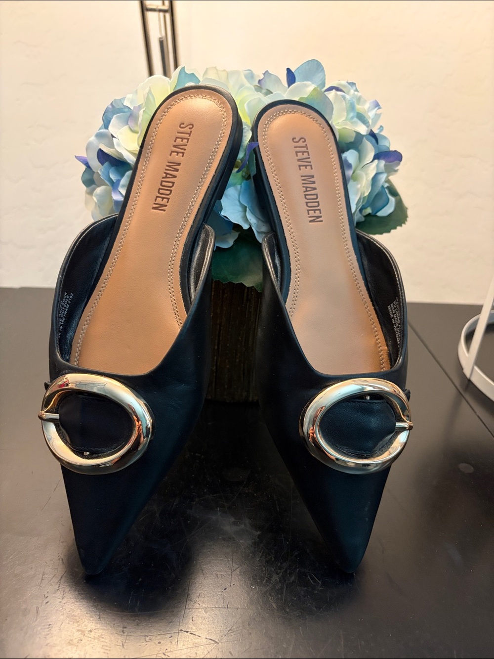 Steve Madden Black Pointed Toe Slide Mules with Gold Ring Accent